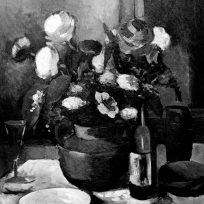 WV-Nr. 0643 (S) | Blumenstillleben mit Sektglas, Teller und Flasche