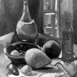 WV-Nr. 0383 (S) | Stillleben mit Glasflaschen und Früchten 