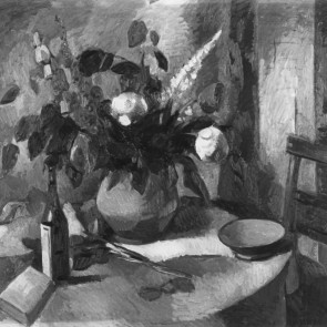 WV-Nr. 0722 (S) | Großes Blumenstillleben mit Weinflasche und Schale