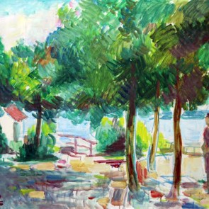 WV-Nr. 0536 (F) | Gartenwirtschaft mit Frau unter Bäumen 