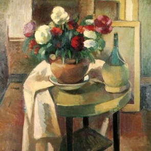 Blumenstillleben mit Chiantiflasche