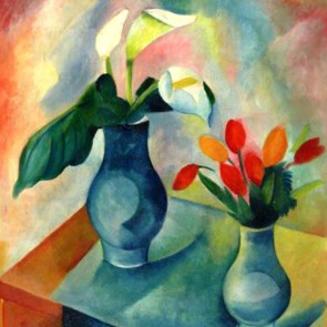 Zwei Vasen mit Kallas und Tulpen 