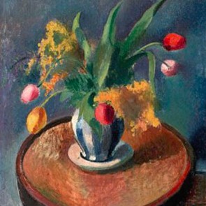 Stillleben mit Tulpen in blau-weißer Vase 