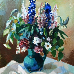 WV-Nr. 0696 (S) | Bunter Strauß mit Rittersporn in blauer Vase