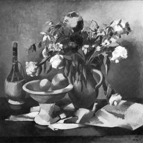 WV-Nr. 0854 (S) | Stillleben mit Blumen, Chiantiflasche und Obstschale