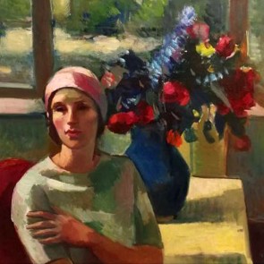 WV-Nr. 0287 (P) | Sitzende Frau vor Blumenstrauß in blauer Vase