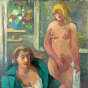 Stehender Akt neben sitzender Frau im türkisfarbenen Mantel 