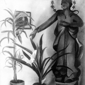 WV-Nr. 0766 (S) | Stillleben mit Topfpflanzen und großer Skulptur 