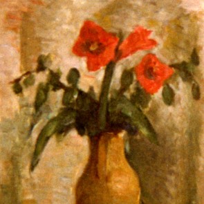 WV-Nr. 0301 (S) | Vase mit roten Blumen auf blauer Tischdecke