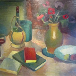 WV-Nr. 0037 (S) | Stillleben mit Blumen, Fruchtschale und Chiantiflasche 