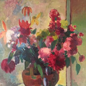 WV-Nr. 0807 (S) | Gefüllte Blumenvase auf blau-weißer Tischdecke