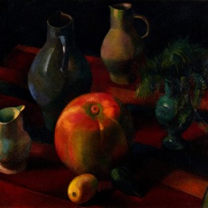 WV-Nr. 0076/a (S) | Stillleben mit Kürbis, Blumenvase und drei Krügen