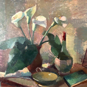 WV-Nr. 0681 (S) | Stillleben mit Kallas und Chiantiflasche